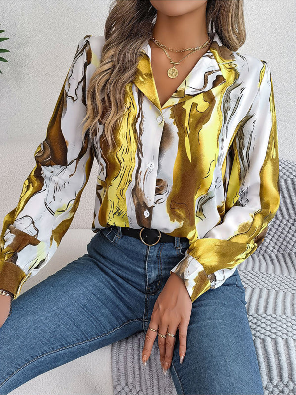 Shirts- Notch Lapel Shirt - Elegant Abstract Print, Long sleeve Blouse- - Pekosa Women Clothing