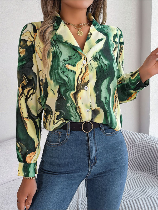 Shirts- Notch Lapel Shirt - Elegant Abstract Print, Long sleeve Blouse- - Pekosa Women Clothing