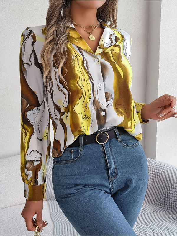 Shirts- Notch Lapel Shirt - Elegant Abstract Print, Long sleeve Blouse- - Pekosa Women Clothing