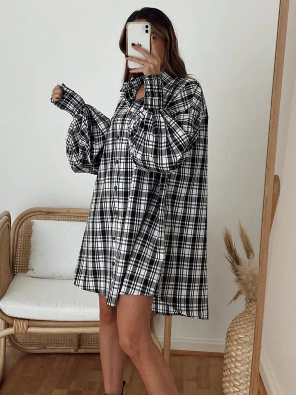 Shirts- Oversized Plaid Button-Up Shirt with Long Lantern Sleeves- - Pekosa Women Clothing