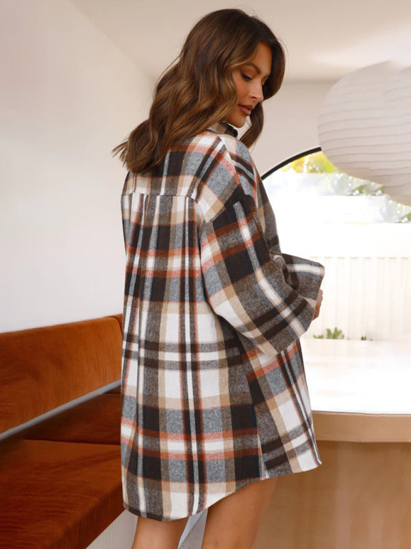 Shirts- Oversized Plaid Button-Up Shirt with Long Lantern Sleeves- - Pekosa Women Clothing