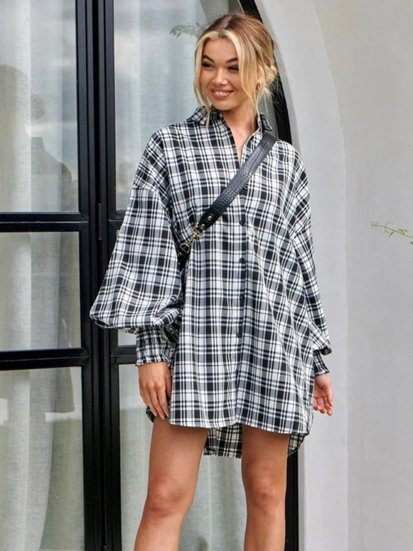 Shirts- Oversized Plaid Button-Up Shirt with Long Lantern Sleeves- - Pekosa Women Clothing