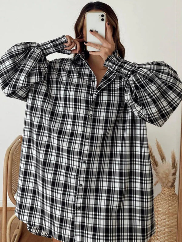 Shirts- Oversized Plaid Button-Up Shirt with Long Lantern Sleeves- - Pekosa Women Clothing