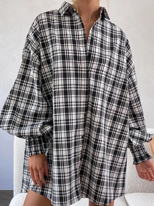 Shirts- Oversized Plaid Button-Up Shirt with Long Lantern Sleeves- - Pekosa Women Clothing