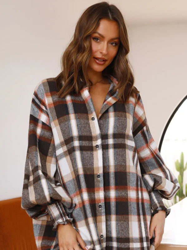 Shirts- Oversized Plaid Button-Up Shirt with Long Lantern Sleeves- - Pekosa Women Clothing