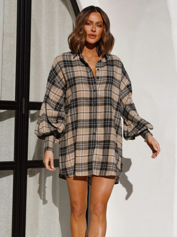 Shirts- Oversized Plaid Button-Up Shirt with Long Lantern Sleeves- - Pekosa Women Clothing