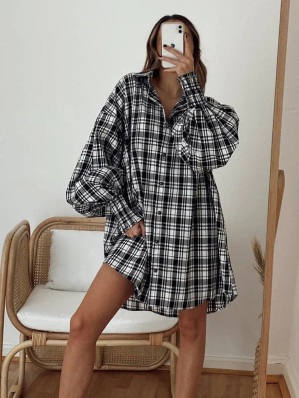 Shirts- Oversized Plaid Button-Up Shirt with Long Lantern Sleeves- - Pekosa Women Clothing