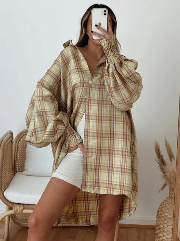 Shirts- Oversized Plaid Button-Up Shirt with Long Lantern Sleeves- Earth yellow- Pekosa Women Clothing