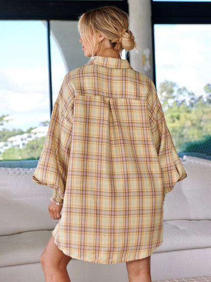 Shirts- Oversized Plaid Button-Up Shirt with Long Lantern Sleeves- - Pekosa Women Clothing