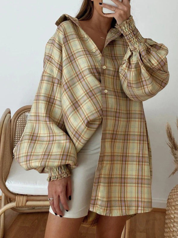 Shirts- Oversized Plaid Button-Up Shirt with Long Lantern Sleeves- - Pekosa Women Clothing