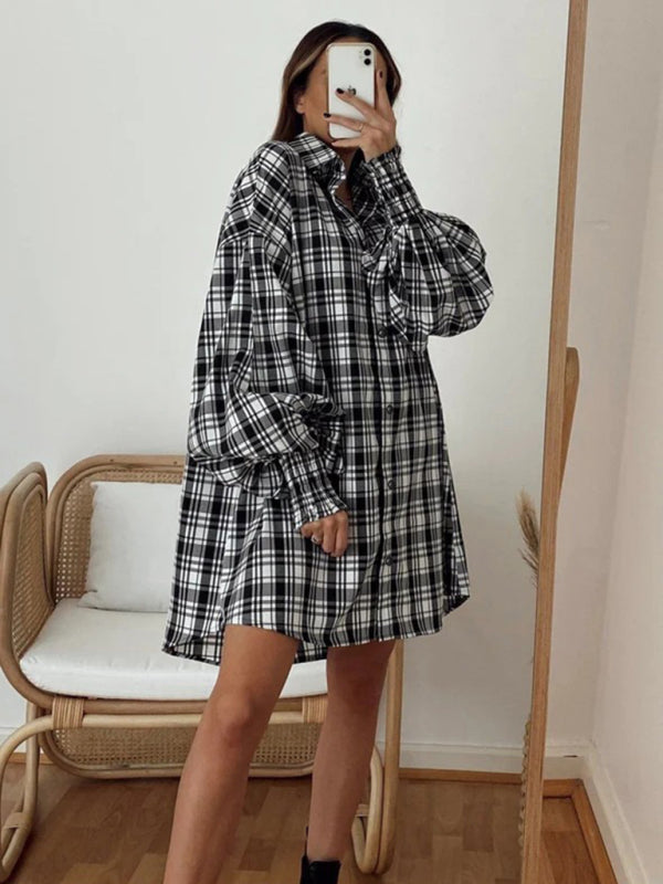 Shirts- Oversized Plaid Button-Up Shirt with Long Lantern Sleeves- - Pekosa Women Clothing