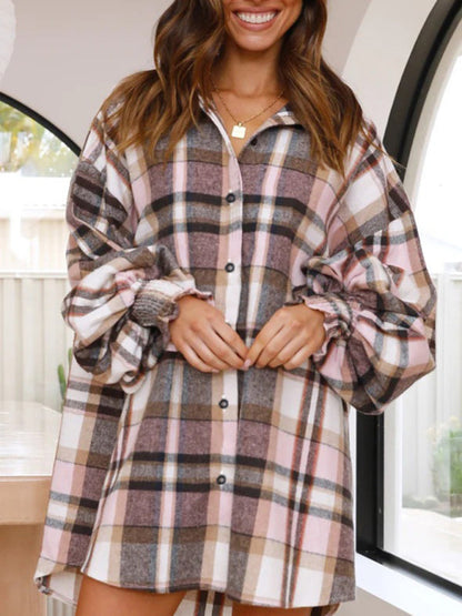 Shirts- Oversized Plaid Button-Up Shirt with Long Lantern Sleeves- Pastel pink- Pekosa Women Clothing