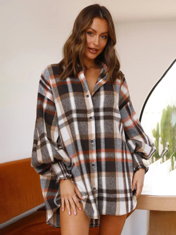 Shirts- Oversized Plaid Button-Up Shirt with Long Lantern Sleeves- Red- Pekosa Women Clothing