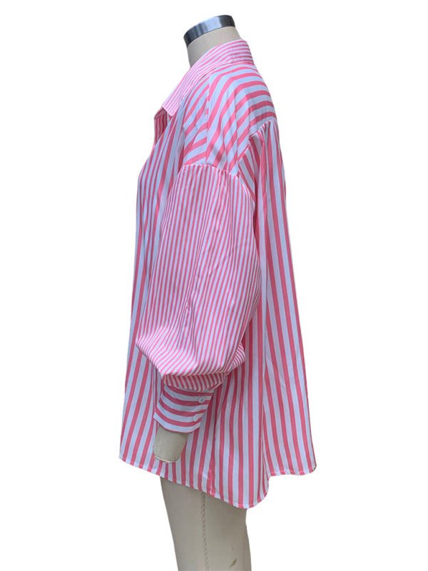 Oversized Women's Striped Shirt with Flowy Lantern Sleeves