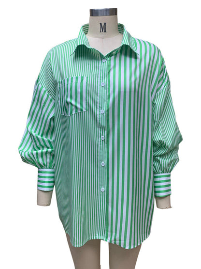 Oversized Women's Striped Shirt with Flowy Lantern Sleeves