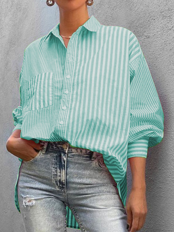 Oversized Women's Striped Shirt with Flowy Lantern Sleeves