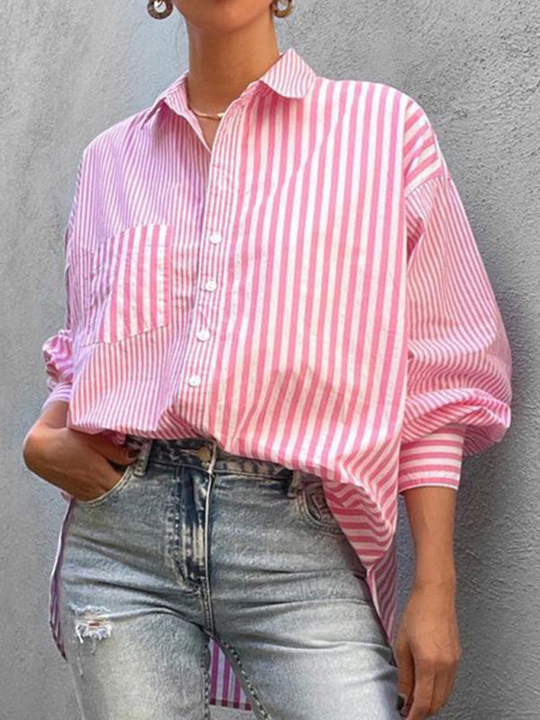 Oversized Women's Striped Shirt with Flowy Lantern Sleeves