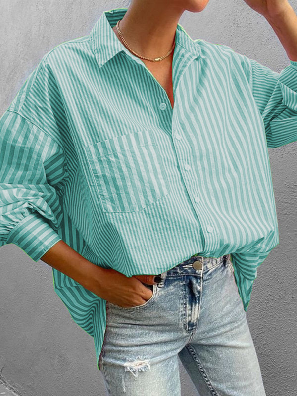 Oversized Women's Striped Shirt with Flowy Lantern Sleeves