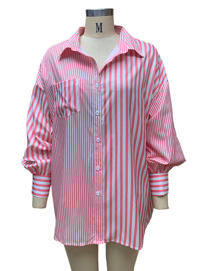 Oversized Women's Striped Shirt with Flowy Lantern Sleeves