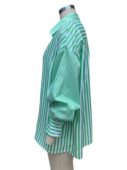 Oversized Women's Striped Shirt with Flowy Lantern Sleeves