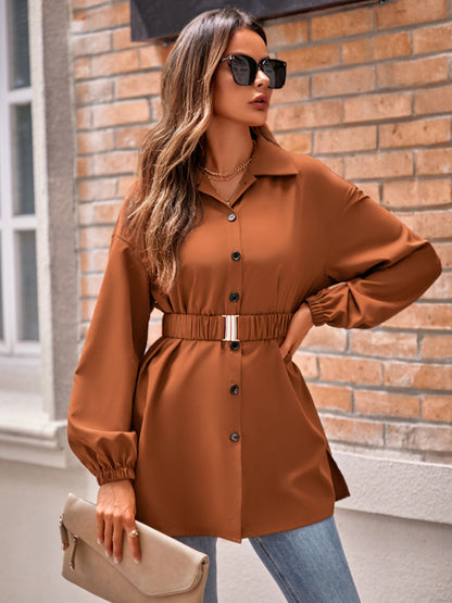 Shirts- Solid Button-Up Long Lantern Sleeve Belted Shirt- - Pekosa Women Clothing