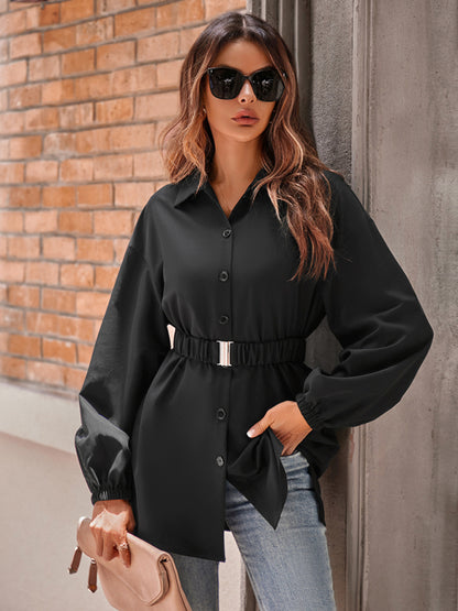 Shirts- Solid Button-Up Long Lantern Sleeve Belted Shirt- - Pekosa Women Clothing