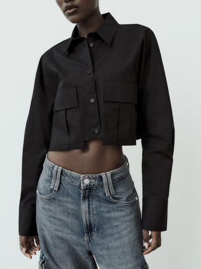 Shirts- Solid Collar Flap Crop Shirt with Long Sleeves- Black- Pekosa Women Clothing