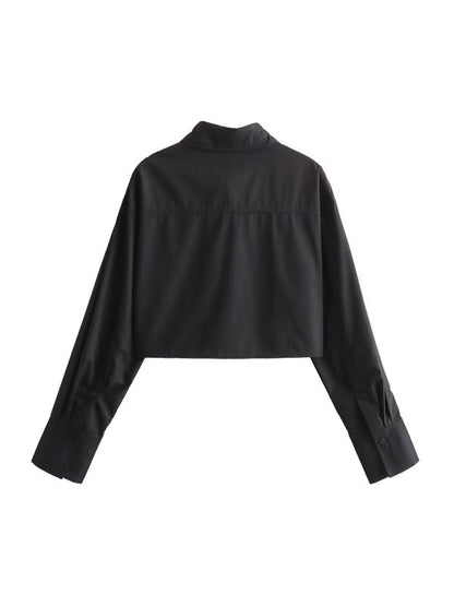 Shirts- Solid Collar Flap Crop Shirt with Long Sleeves- - Pekosa Women Clothing