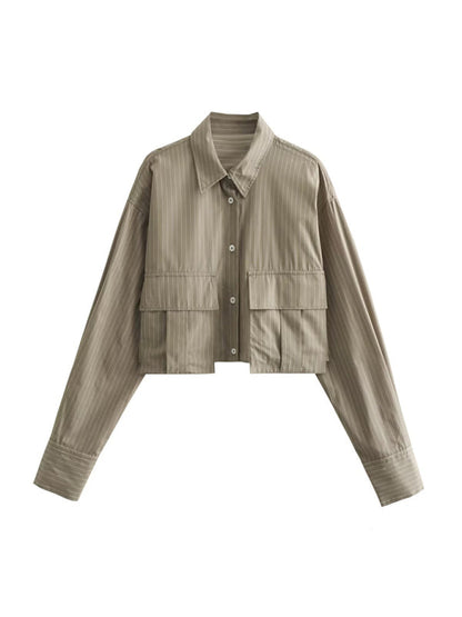 Shirts- Solid Collar Flap Crop Shirt with Long Sleeves- Khaki- Pekosa Women Clothing