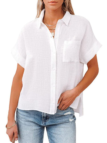 Shirts- Solid Textured Button-Up Shirt with Pocket- - Pekosa Women Clothing