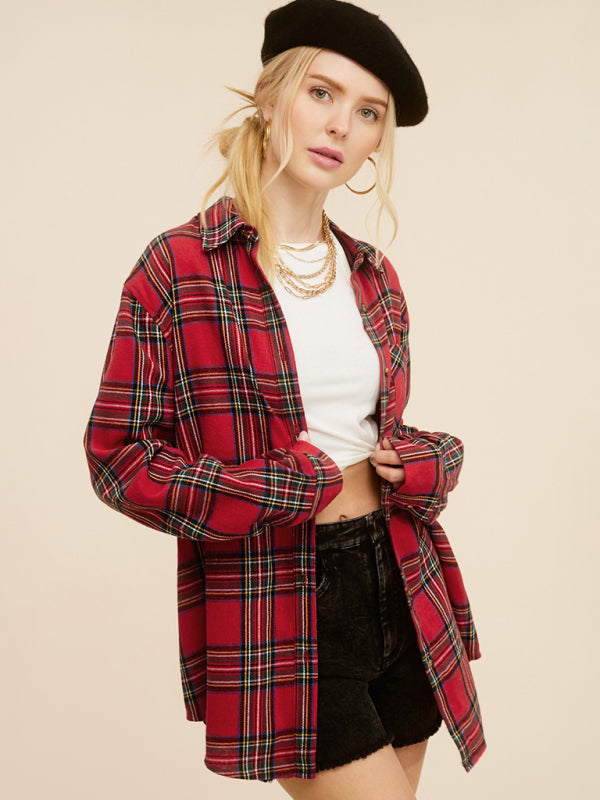 Shirts- Springtime Plaid Light Button-Up Shirt with Long Sleeves- - Pekosa Women Clothing