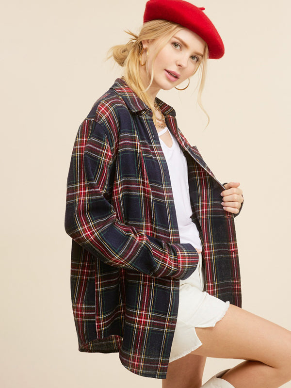 Shirts- Springtime Plaid Light Button-Up Shirt with Long Sleeves- - Pekosa Women Clothing