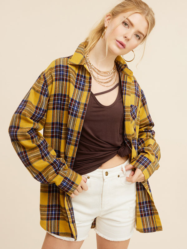 Shirts- Springtime Plaid Light Button-Up Shirt with Long Sleeves- - Pekosa Women Clothing