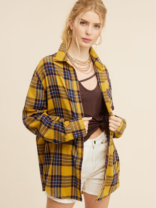 Shirts- Springtime Plaid Light Button-Up Shirt with Long Sleeves- - Pekosa Women Clothing