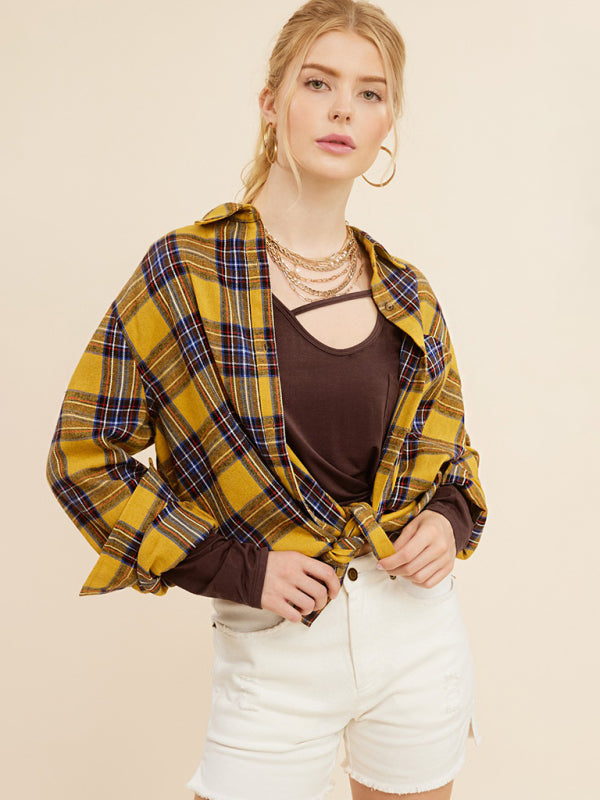 Shirts- Springtime Plaid Light Button-Up Shirt with Long Sleeves- Yellow- Pekosa Women Clothing