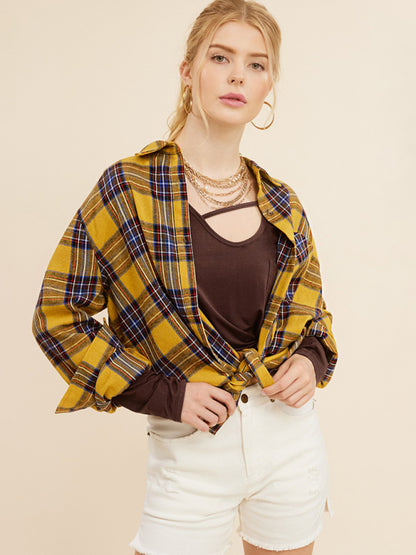 Shirts- Springtime Plaid Light Button-Up Shirt with Long Sleeves- Yellow- Pekosa Women Clothing