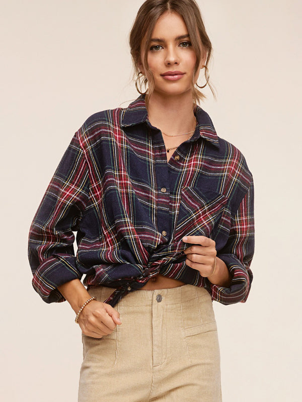 Shirts- Springtime Plaid Light Button-Up Shirt with Long Sleeves- - Pekosa Women Clothing