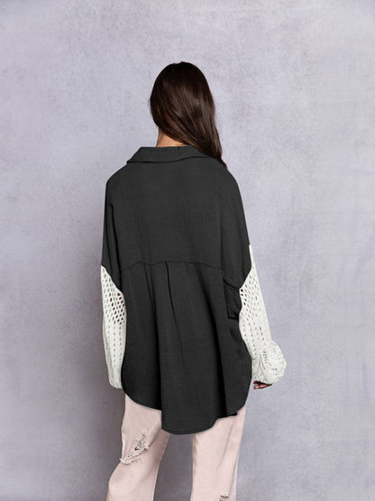 Shirts- Textured Oversized Shirt with Drop Shoulder and Patchwork Knit Long Sleeves- - Pekosa Women Clothing