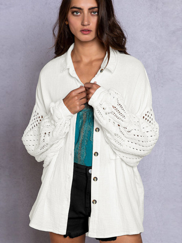 Shirts- Textured Oversized Shirt with Drop Shoulder and Patchwork Knit Long Sleeves- White- Pekosa Women Clothing