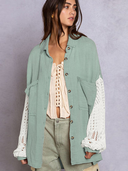 Shirts- Textured Oversized Shirt with Drop Shoulder and Patchwork Knit Long Sleeves- Green- Pekosa Women Clothing