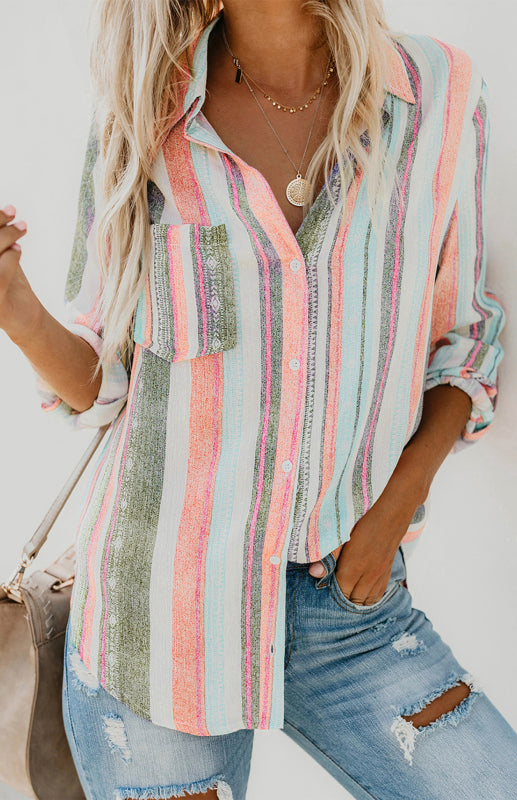 Shirts- Washed Stripes Button Down V-Neck Shirt- Pink green white stripes- Pekosa Women Clothing