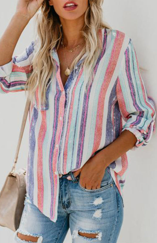 Shirts- Washed Stripes Button Down V-Neck Shirt- - Pekosa Women Clothing