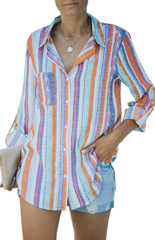 Shirts- Washed Stripes Button Down V-Neck Shirt- - Pekosa Women Clothing