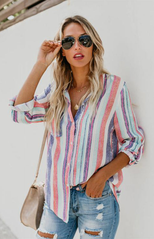 Shirts- Washed Stripes Button Down V-Neck Shirt- Pink, white and purple stripes- Pekosa Women Clothing