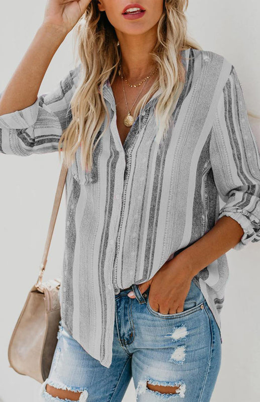 Shirts- Washed Stripes Button Down V-Neck Shirt- - Pekosa Women Clothing