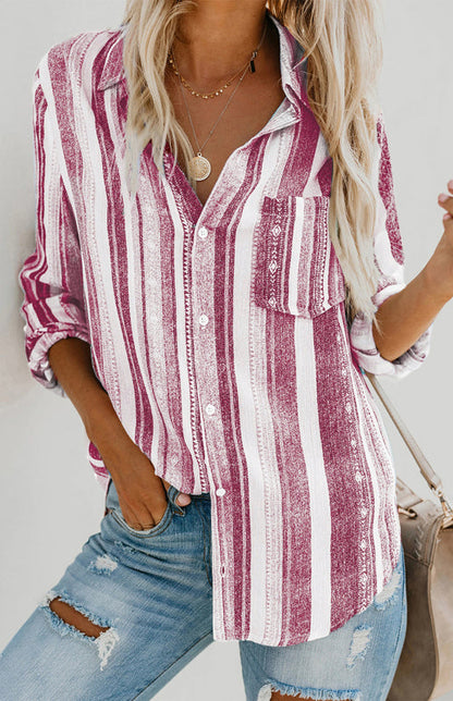 Shirts- Washed Stripes Button Down V-Neck Shirt- - Pekosa Women Clothing