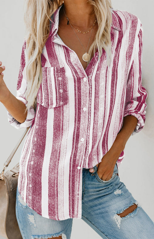 Shirts- Washed Stripes Button Down V-Neck Shirt- Red stripes- Pekosa Women Clothing