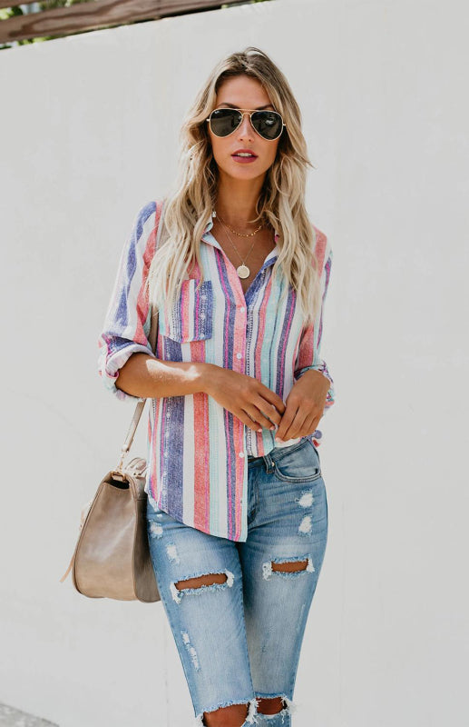 Shirts- Washed Stripes Button Down V-Neck Shirt- - Pekosa Women Clothing