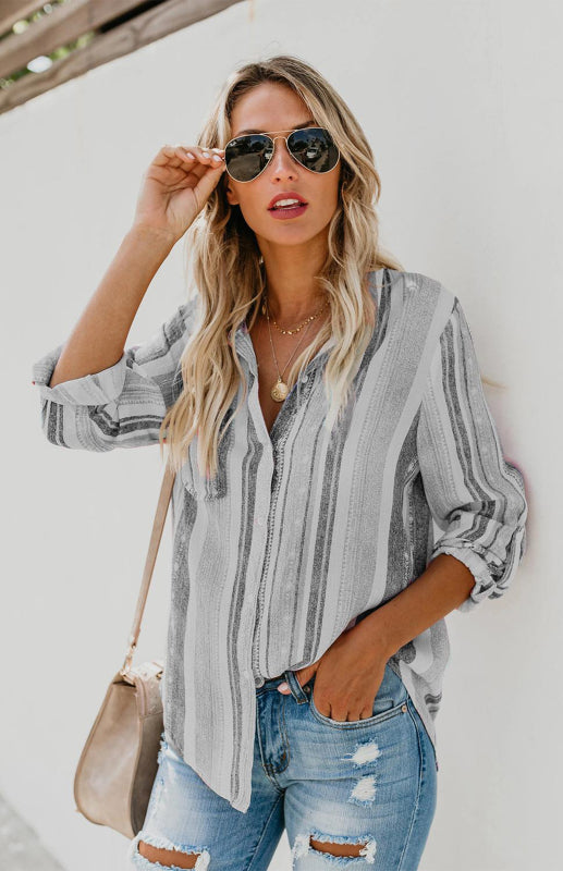 Shirts- Washed Stripes Button Down V-Neck Shirt- Grey stripes- Pekosa Women Clothing