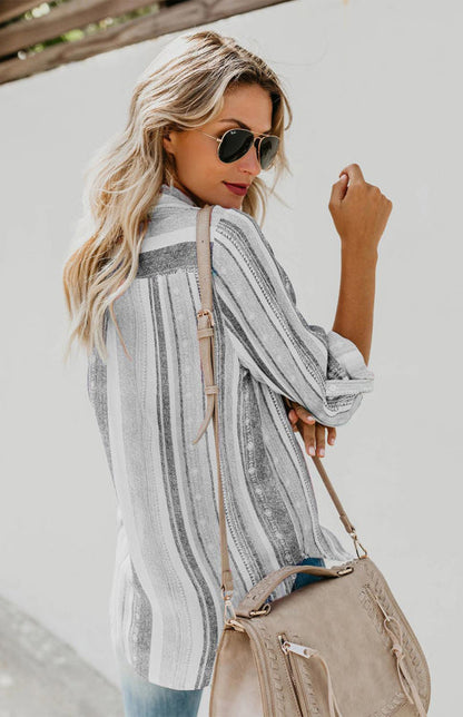 Shirts- Washed Stripes Button Down V-Neck Shirt- - Pekosa Women Clothing